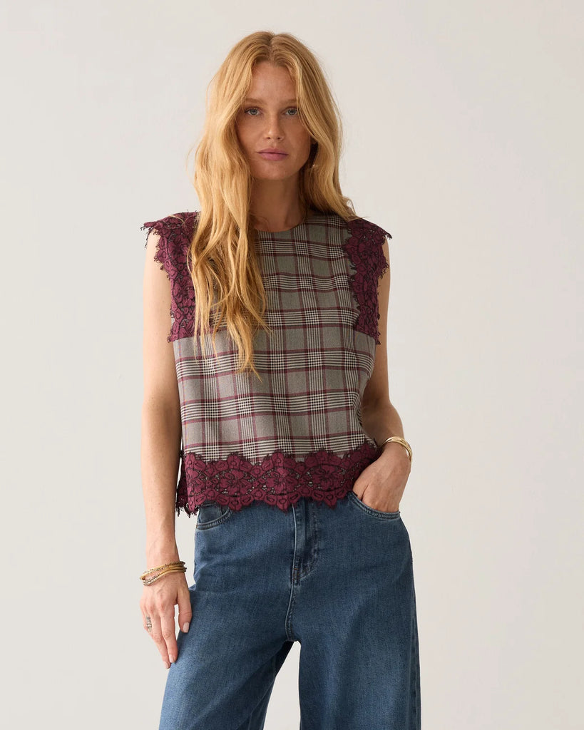Summum Check Burgundy Top