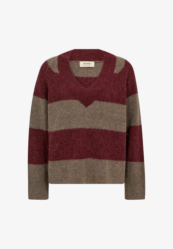 MMTaci Stripe LS V-Neck Knit Cabernet