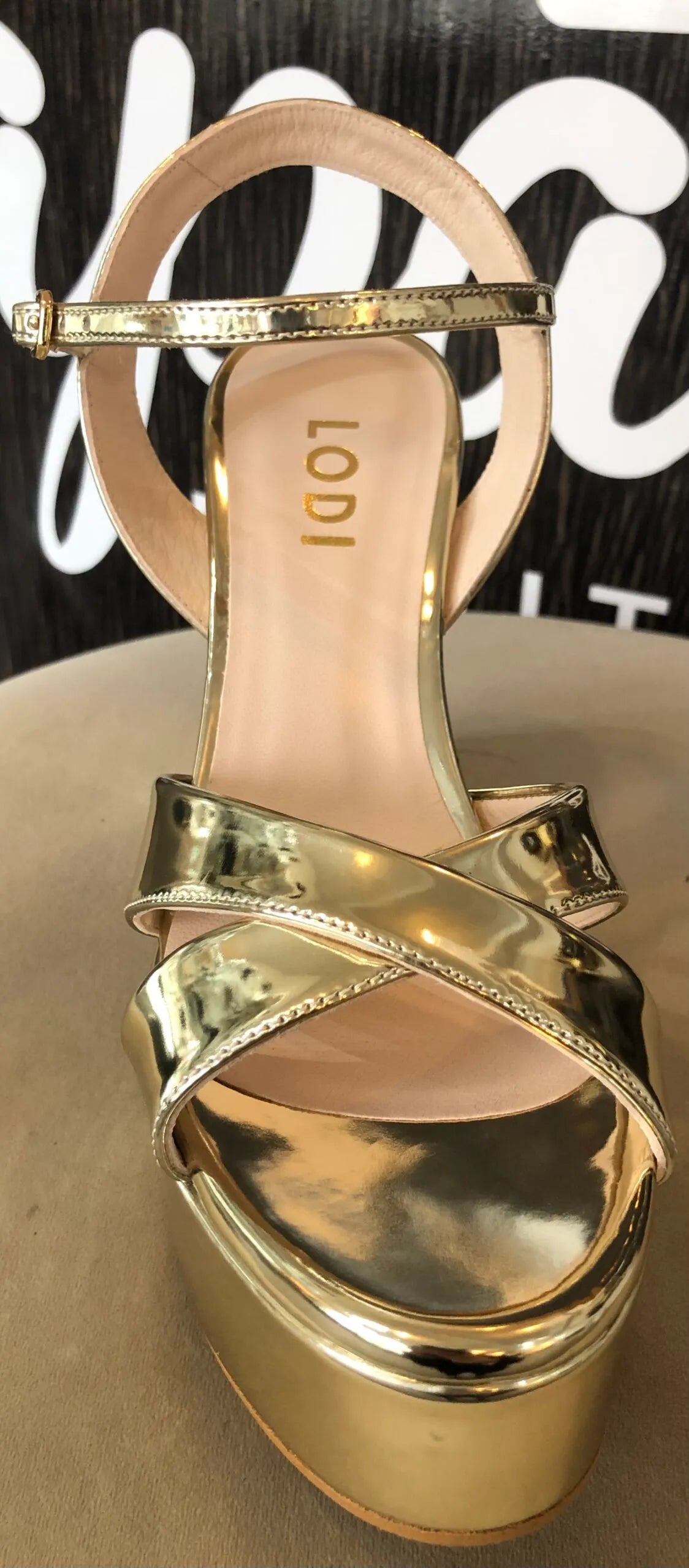 Lodi metallic gold block heel sandal 24032