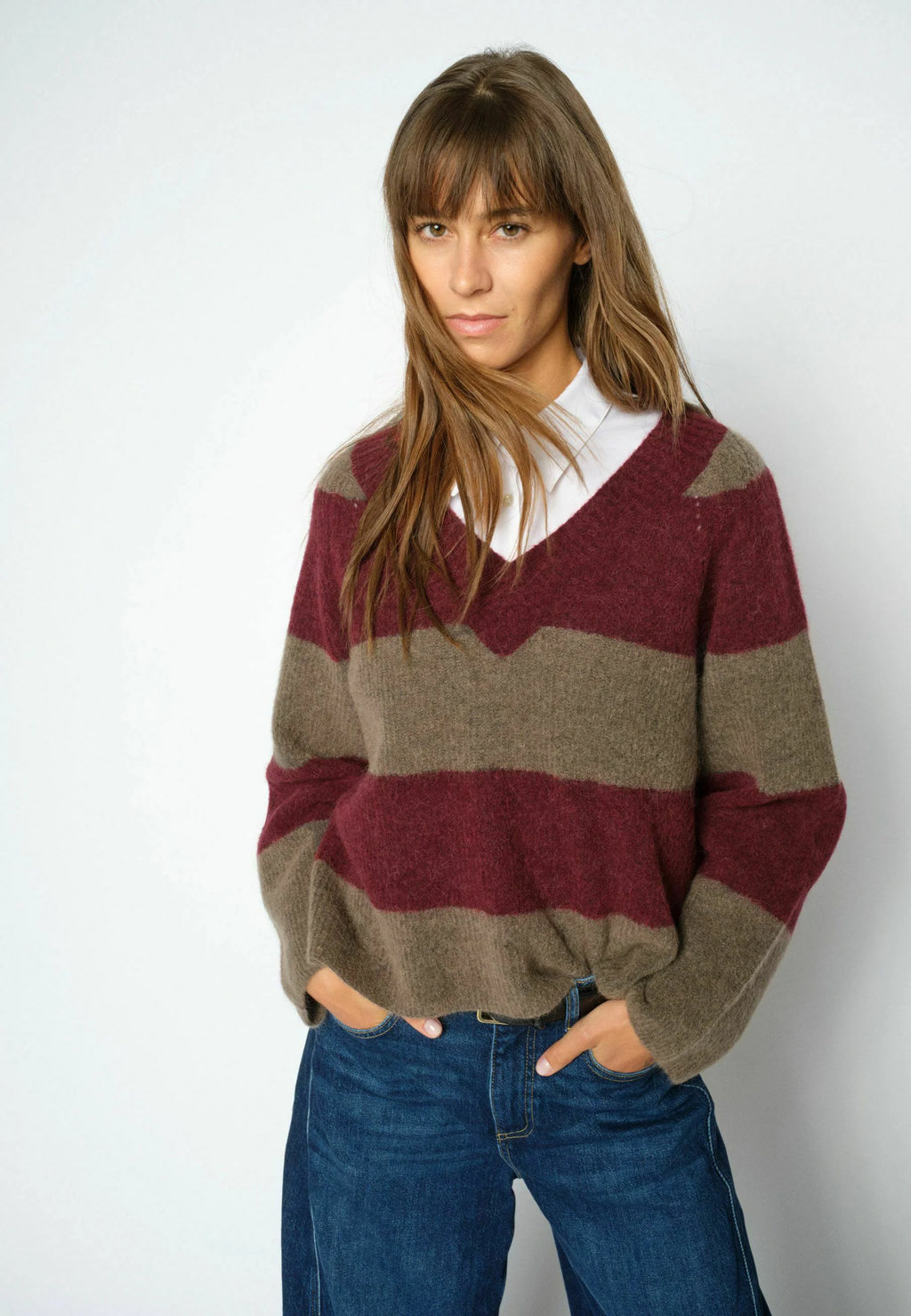 MMTaci Stripe LS V-Neck Knit Cabernet