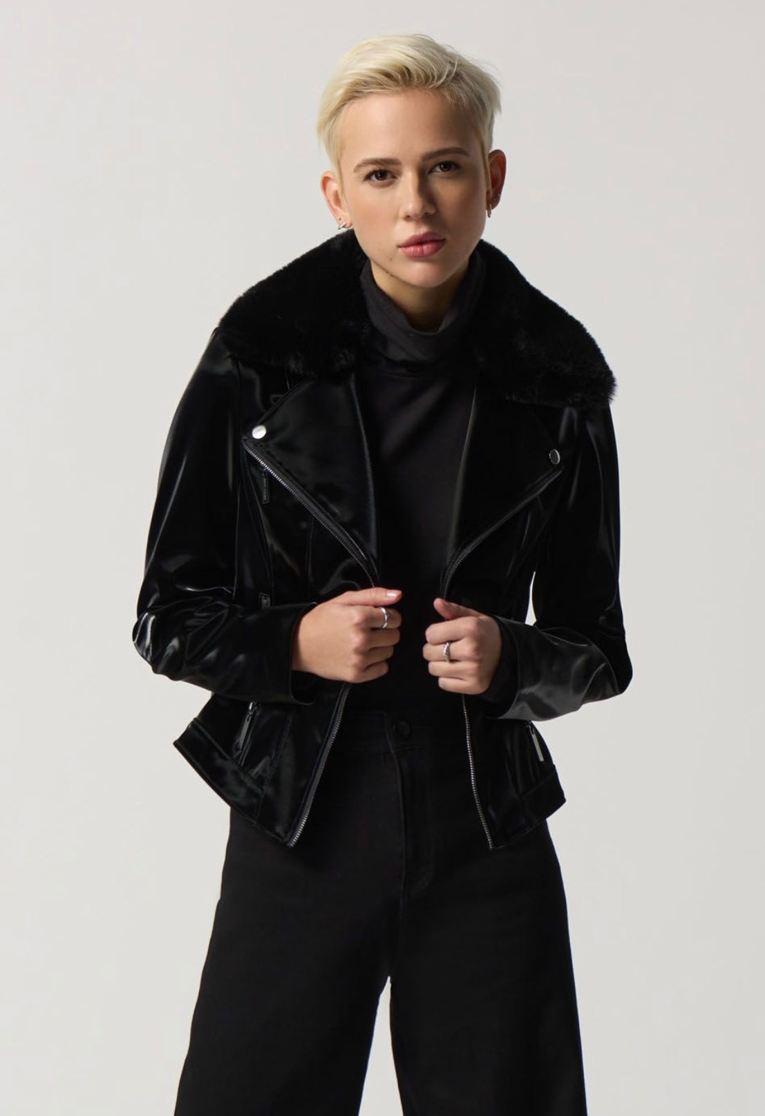 Joseph Ribkoff Black Faux Leather Jacket with fur 233928